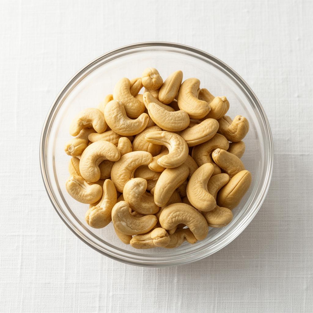 Raw cashews in glass bowl